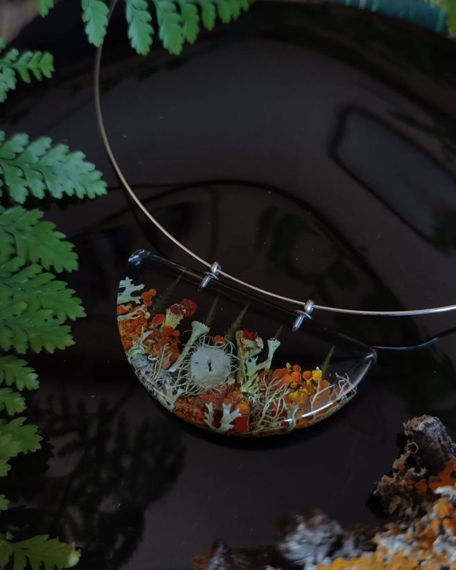 🧡 Půlměsícový přívěsek s mnoha druhy pravých pestrobarevných lišejníků a kapradinami. Najdete v nich ukrytý například...